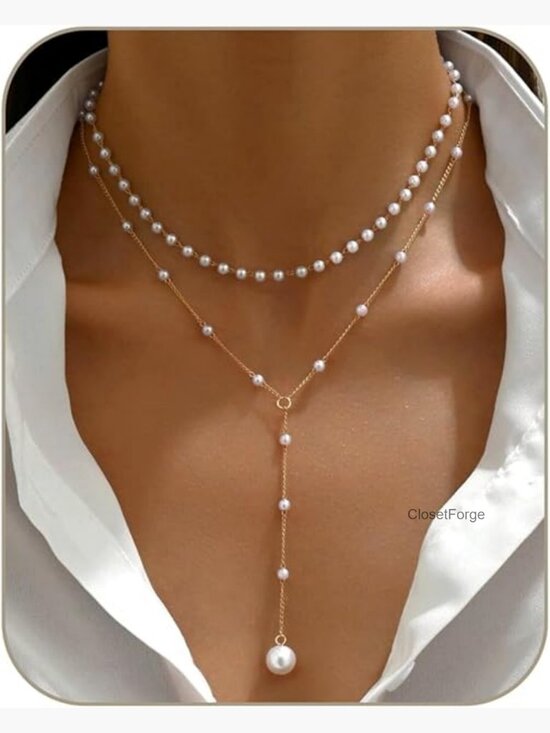 Jewelry - 14K Gold Plated Trendy Faux Pearl Layered Necklace Set Choker Y Drop Dainty